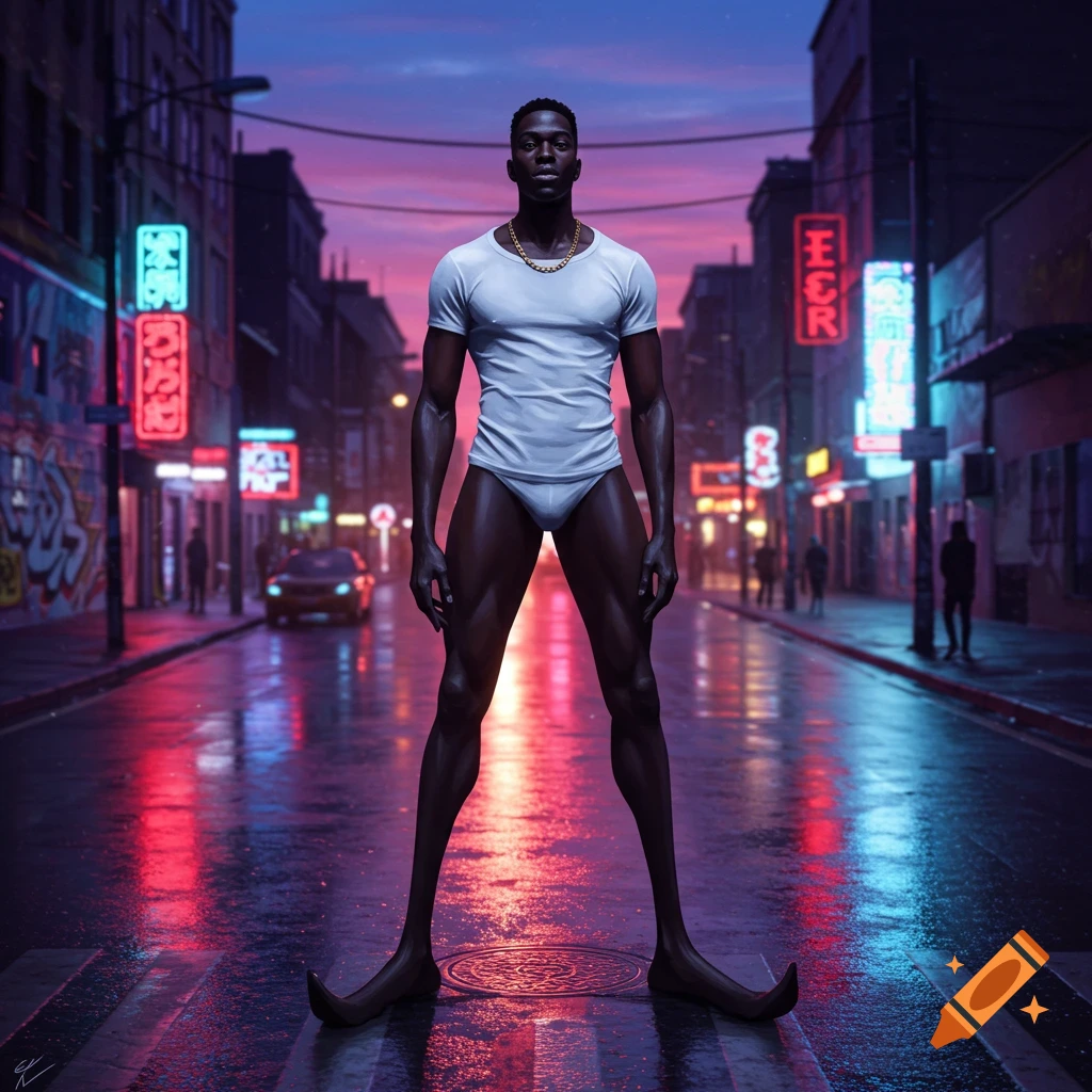 A man with pointy feet and a gold chain stands in a wide stance on a wet city street at dusk, surrounded by neon lights.