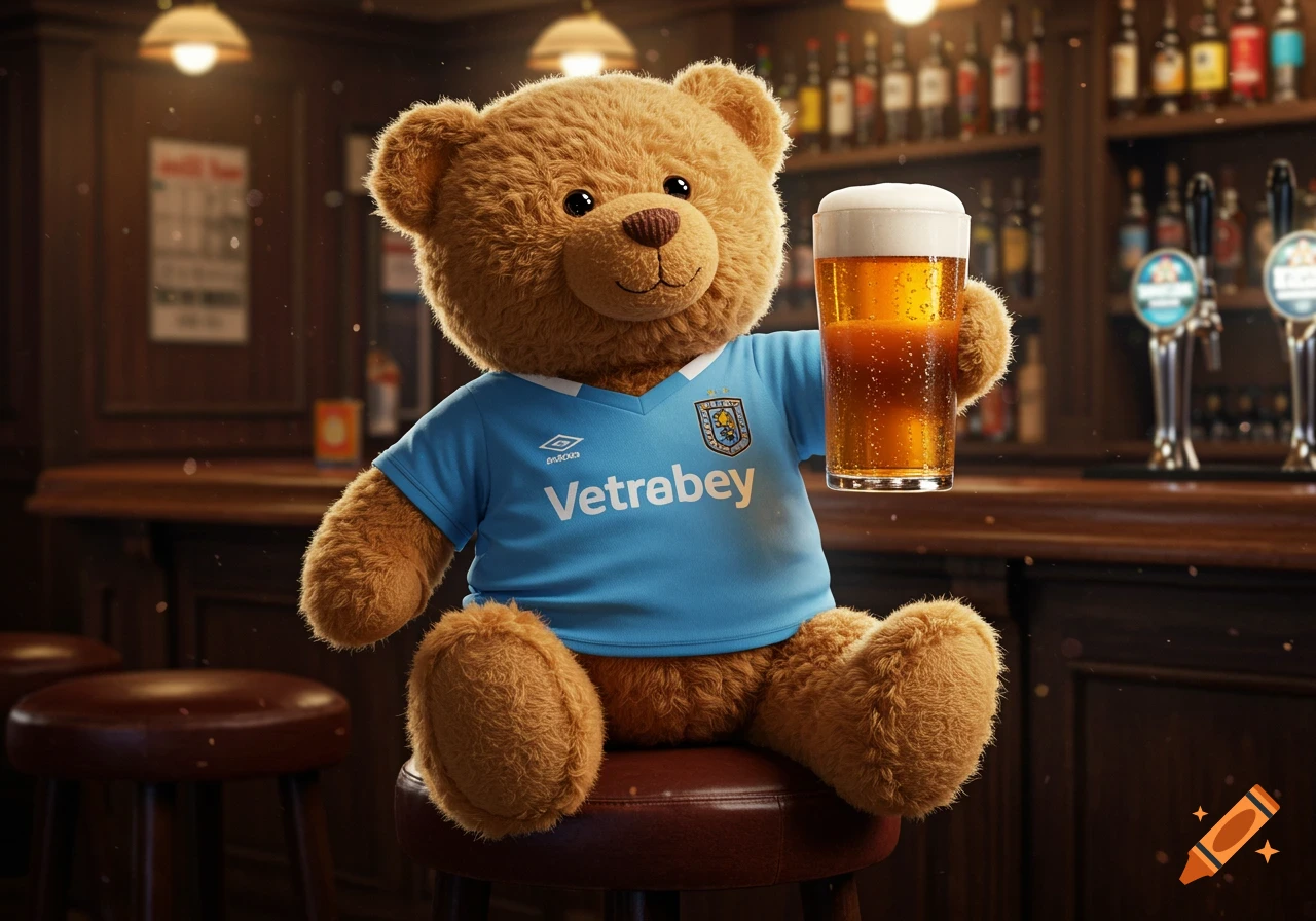 A brown teddy bear wearing a light blue football shirt sits on a bar stool, holding a pint of beer in a cozy pub.