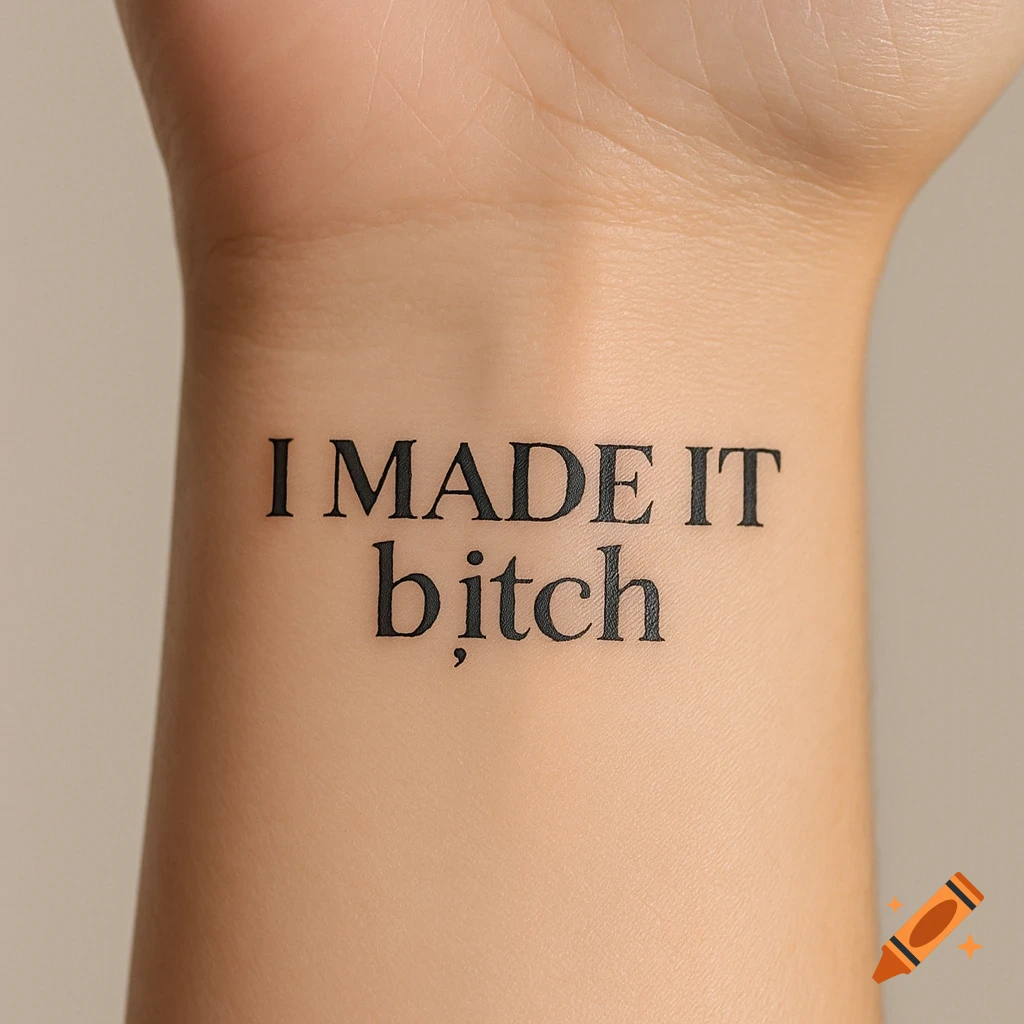 A close-up of a human wrist with a black tattoo reading 'I MADE IT b;tch' in a serif font.