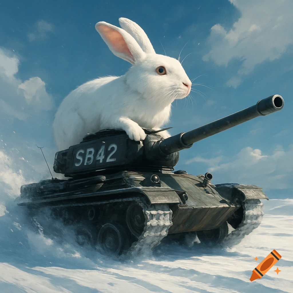 A large white rabbit rides a military tank through snowdrifts under a blue sky.