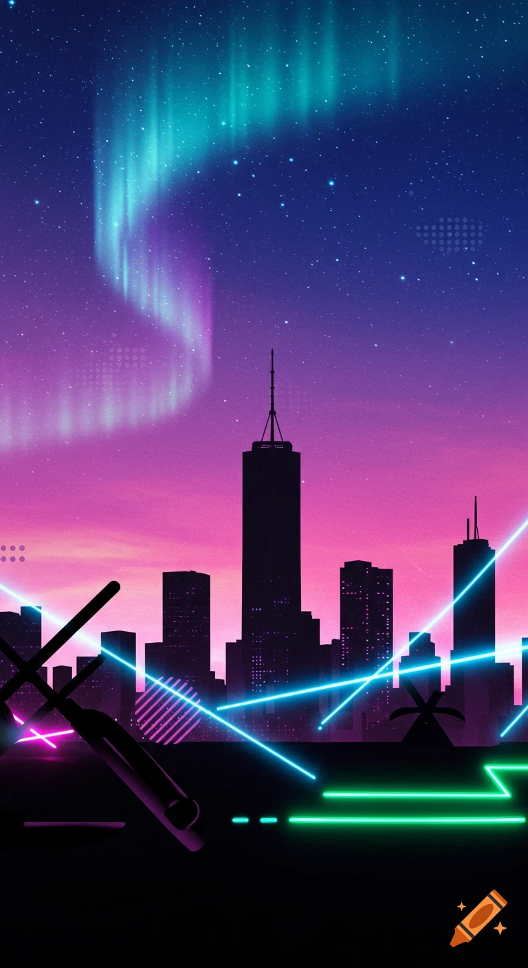 A stylized synthwave cityscape at night with silhouetted skyscrapers, glowing neon lights, and a vibrant aurora borealis in the sky.