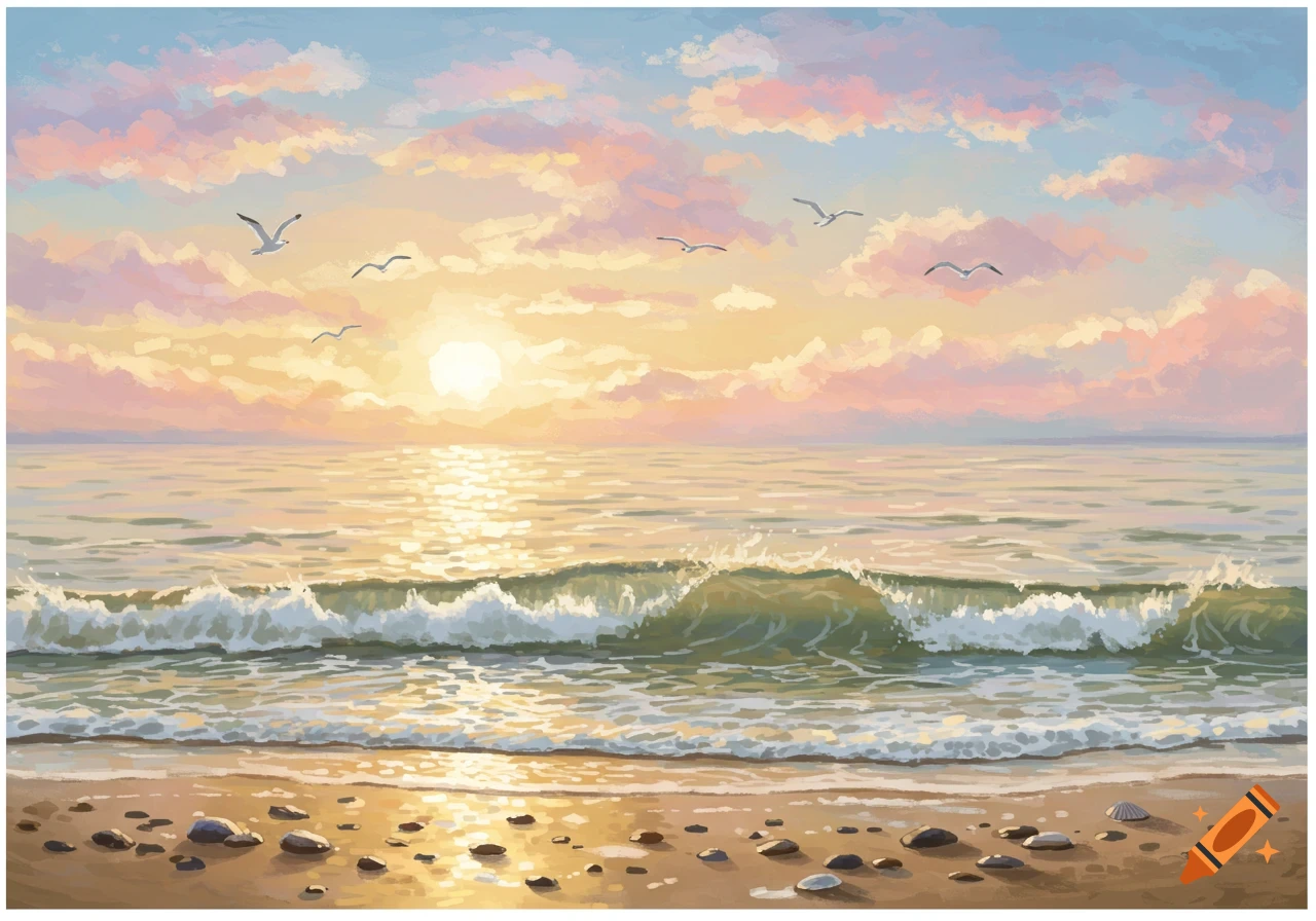A serene painting of a sunset over the ocean, with soft clouds, golden sunlight on the water, waves crashing on a pebble beach.