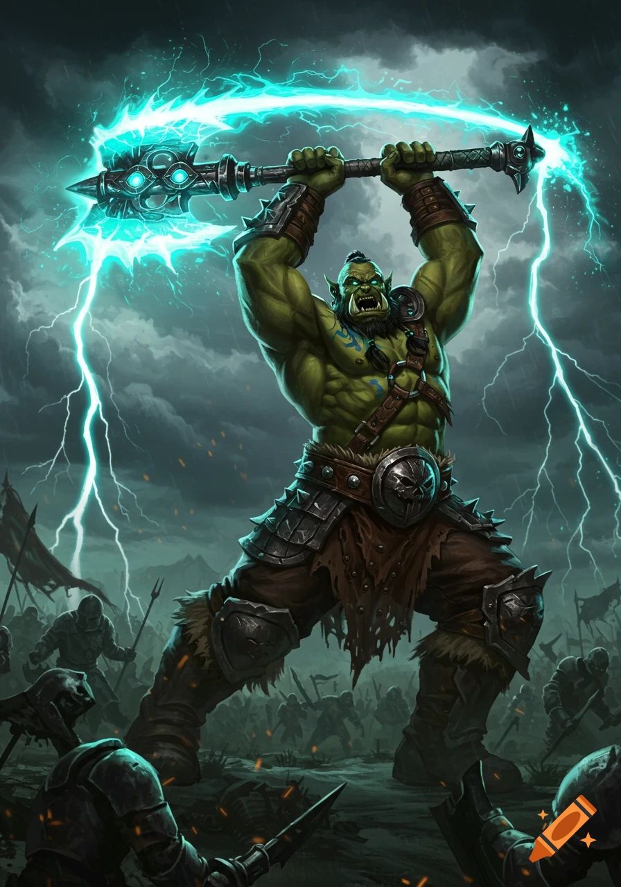 A powerful green orc barbarian raises a glowing blue laser axe against a stormy, lightning-filled sky over a battlefield.