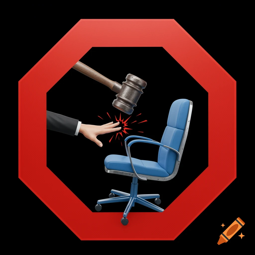 A 3D rendered red octagonal stop sign shape frames a hand reaching for a blue office chair, with a gavel poised to strike the hand.