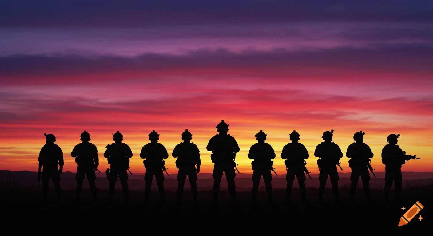 Silhouettes of soldiers standing against a vibrant sunset with pink, orange, red, purple, and yellow hues.