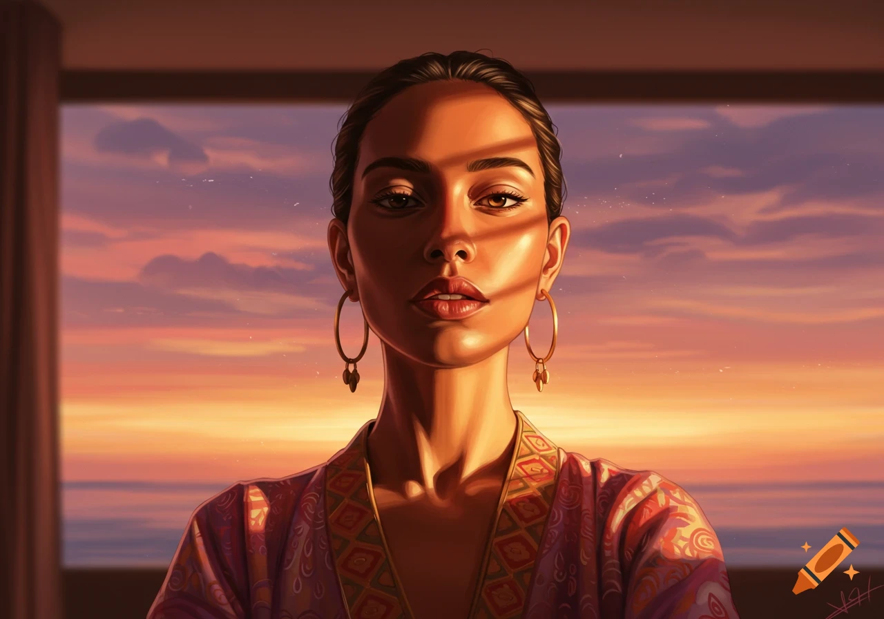 A stylized portrait of a woman bathed in warm light from a sunset, with horizontal shadows across her face.