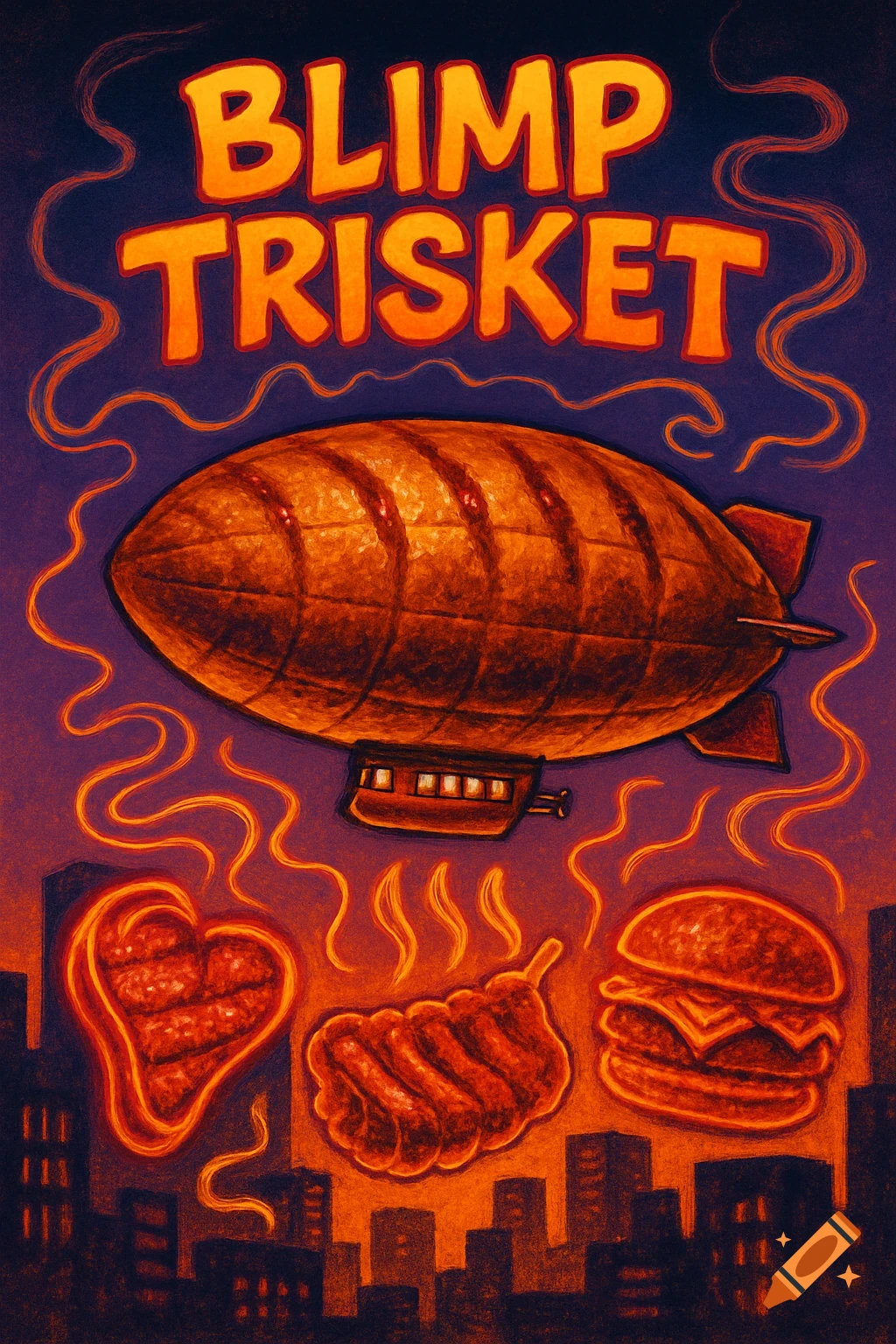 Album cover for Blimp Trisket, featuring a brisket-shaped blimp, steaming meat items, and city skyline in a stylized illustration.
