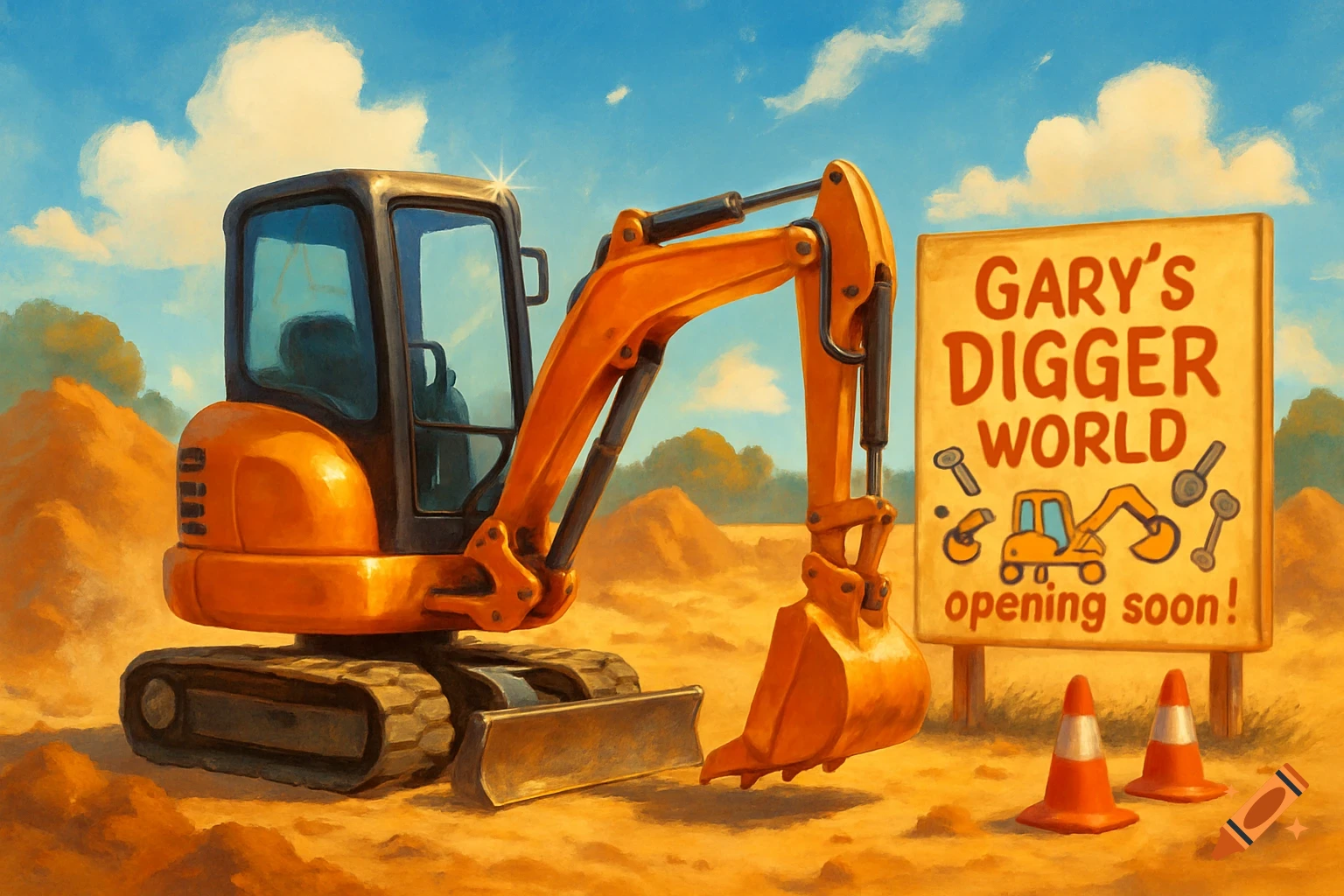 An orange excavator sits on a dirt field next to a sign for 'Gary's Digger World opening soon!', painted in a bright, illustrative style.