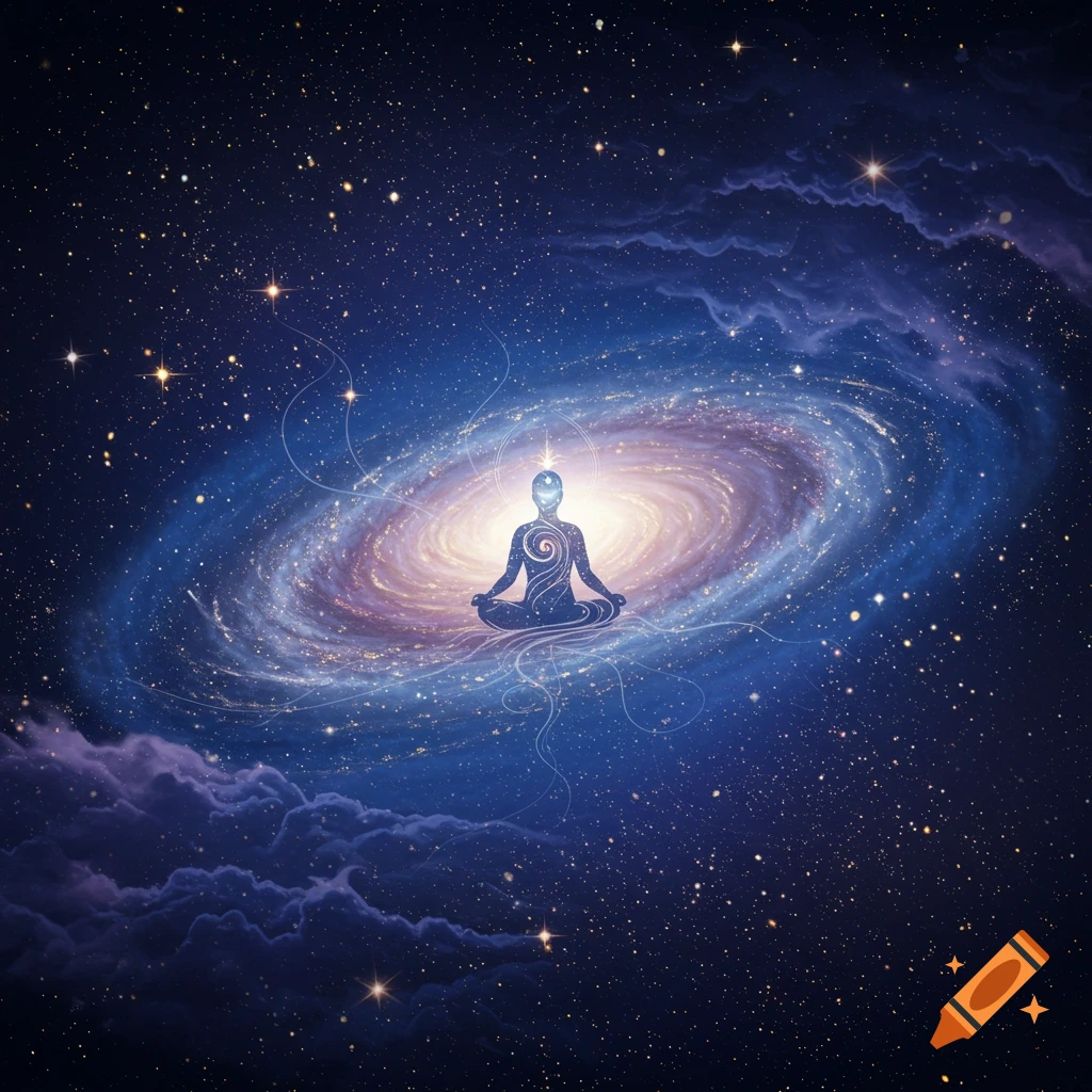 A silhouetted figure meditating in the lotus position centered within a vibrant spiral galaxy, surrounded by stars and cosmic clouds.