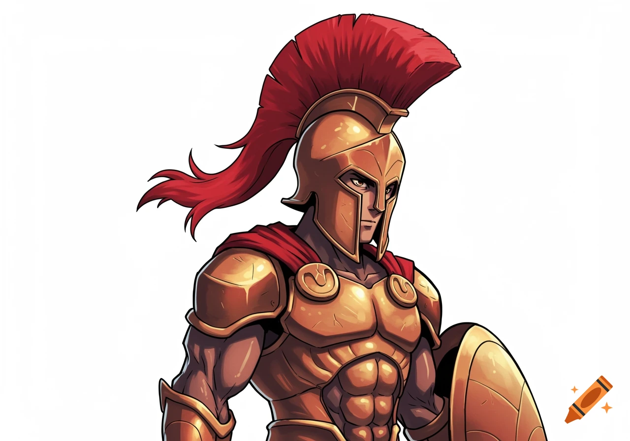 A stylized Spartan warrior in golden armor with a red helmet plume and shield, in anime style.