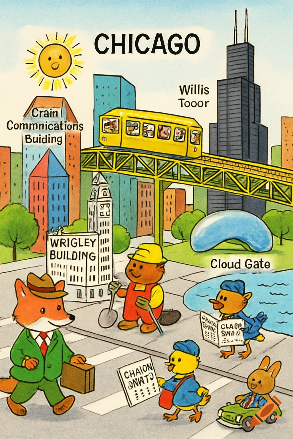 A whimsical Richard Scarry-style illustration of Chicago, featuring anthropomorphic animals like a fox and a bear, iconic labeled buildings such as Willis Tower and Wrigley Building, an L train, and Cloud Gate.