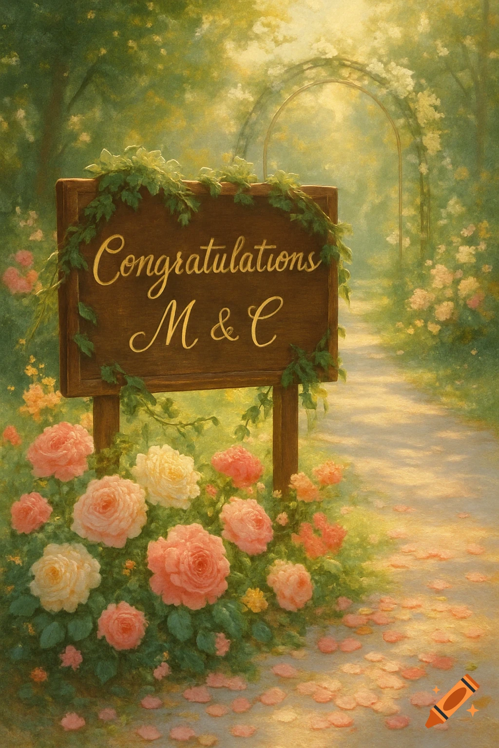 Painterly garden path with a wooden sign saying 'Congratulations M & C', surrounded by pink and yellow roses and green foliage.
