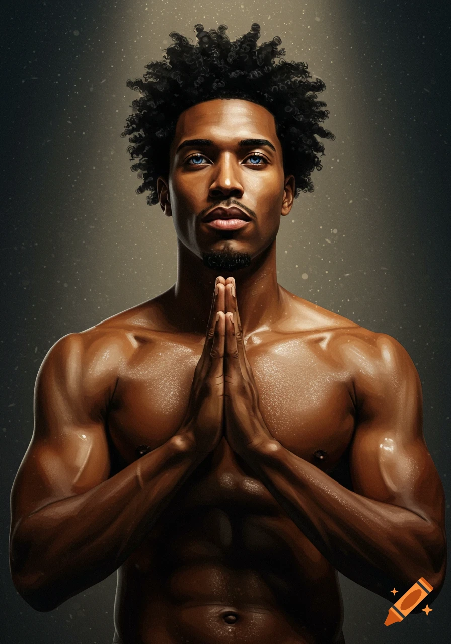 A photorealistic portrait of a shirtless man with dark curly hair and striking blue eyes, hands pressed together in a prayer position.