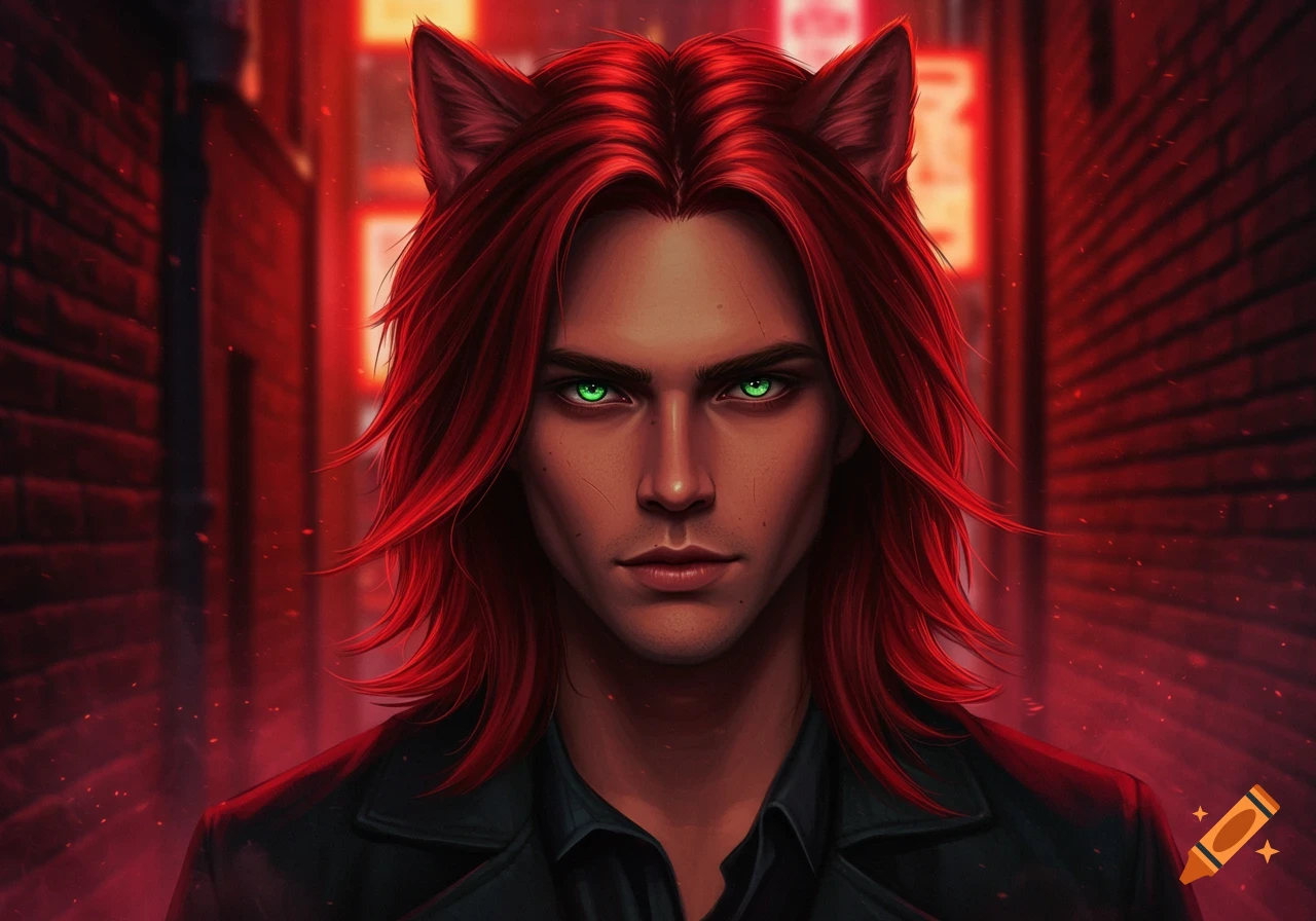 A close-up portrait of a man with long red hair and cat ears, piercing green eyes, set against a dark red urban background.