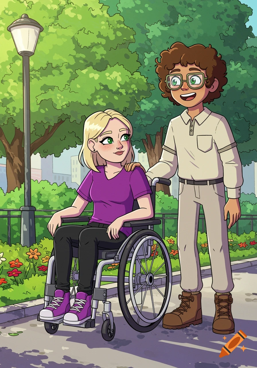 A cartoon illustration of a blonde woman in a wheelchair and a young man with glasses walking together in a park.