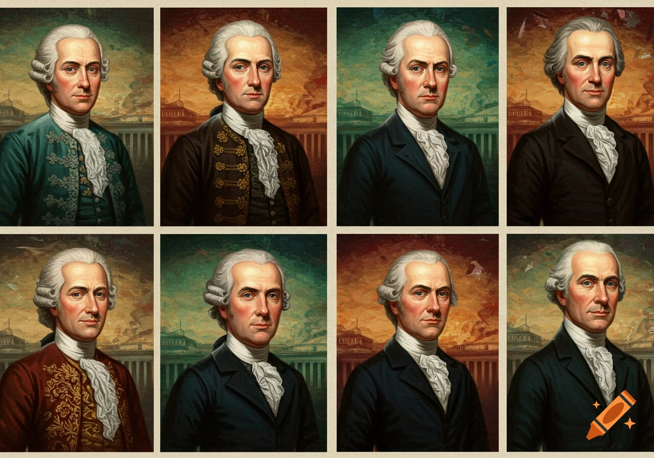 A grid of eight painted portraits of a man with white powdered hair and 18th-century attire.