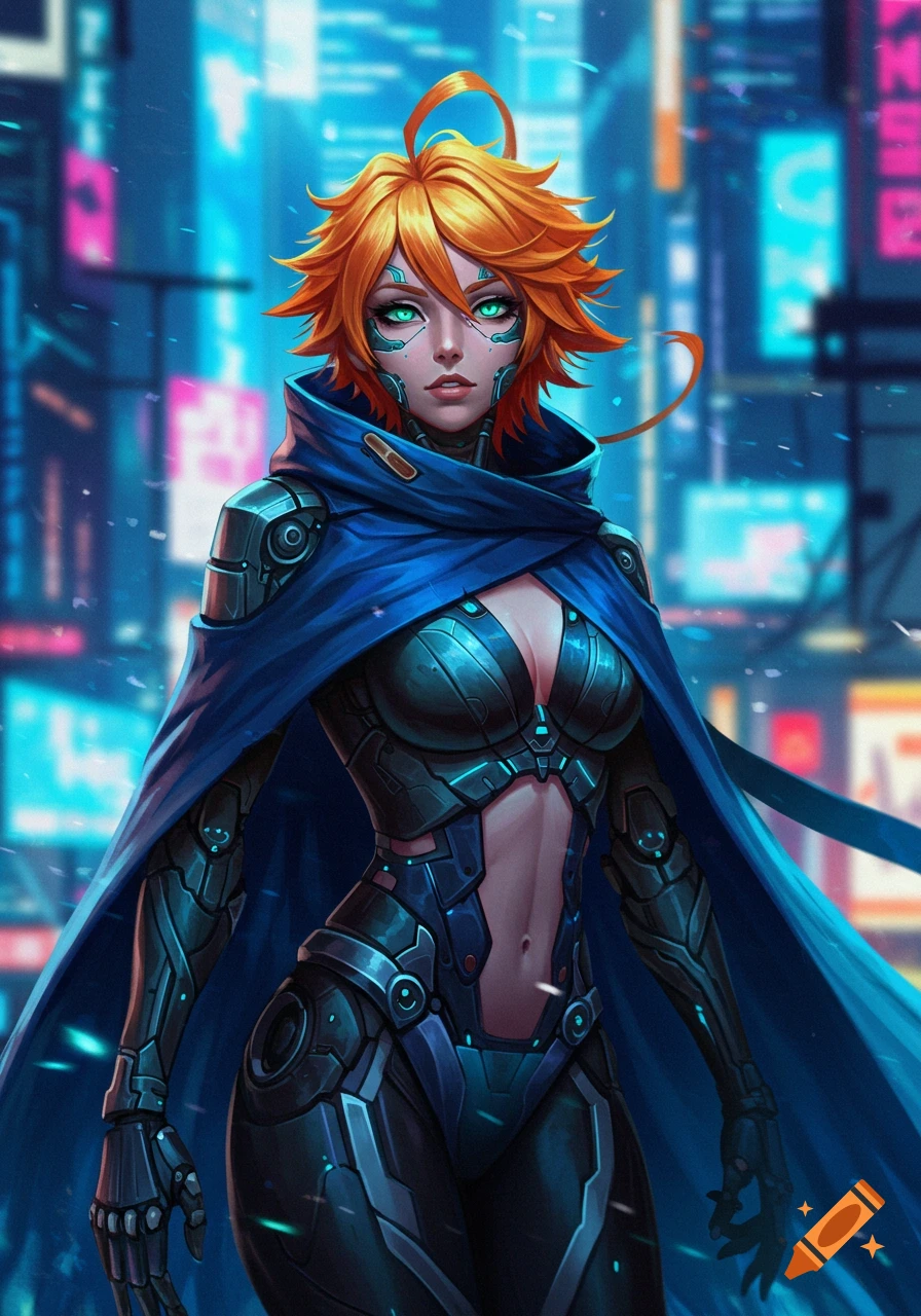 A cyberpunk female character with orange hair, green eyes, and cyborg facial implants wears a blue armored suit and cape, standing in a futuristic neon cityscape.