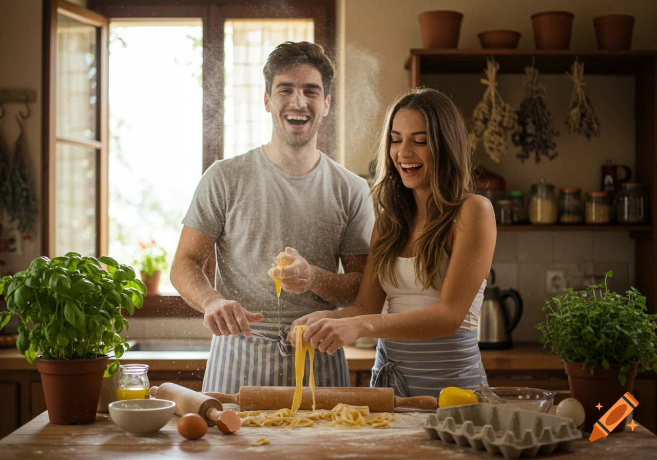 Happy young couple covered in flour and egg yolk, laughing while making fresh pasta in a rustic kitchen.