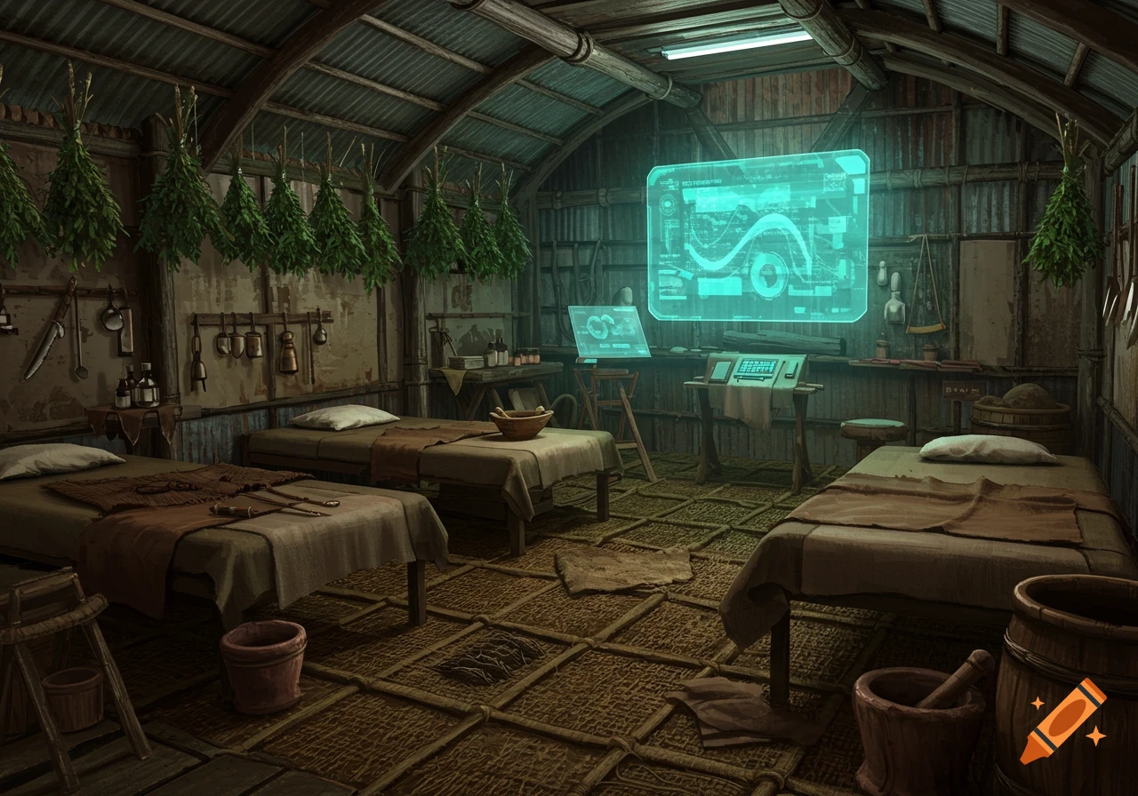 An interior view of a rustic healer's hut with three cots, hanging herbs, primitive tools, and glowing holographic displays.