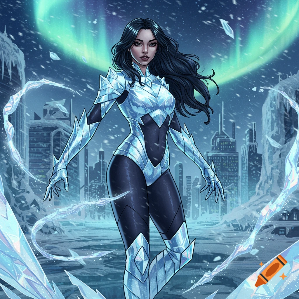 A female superhero in a blue and white ice-themed suit stands in a frozen city under the aurora borealis.