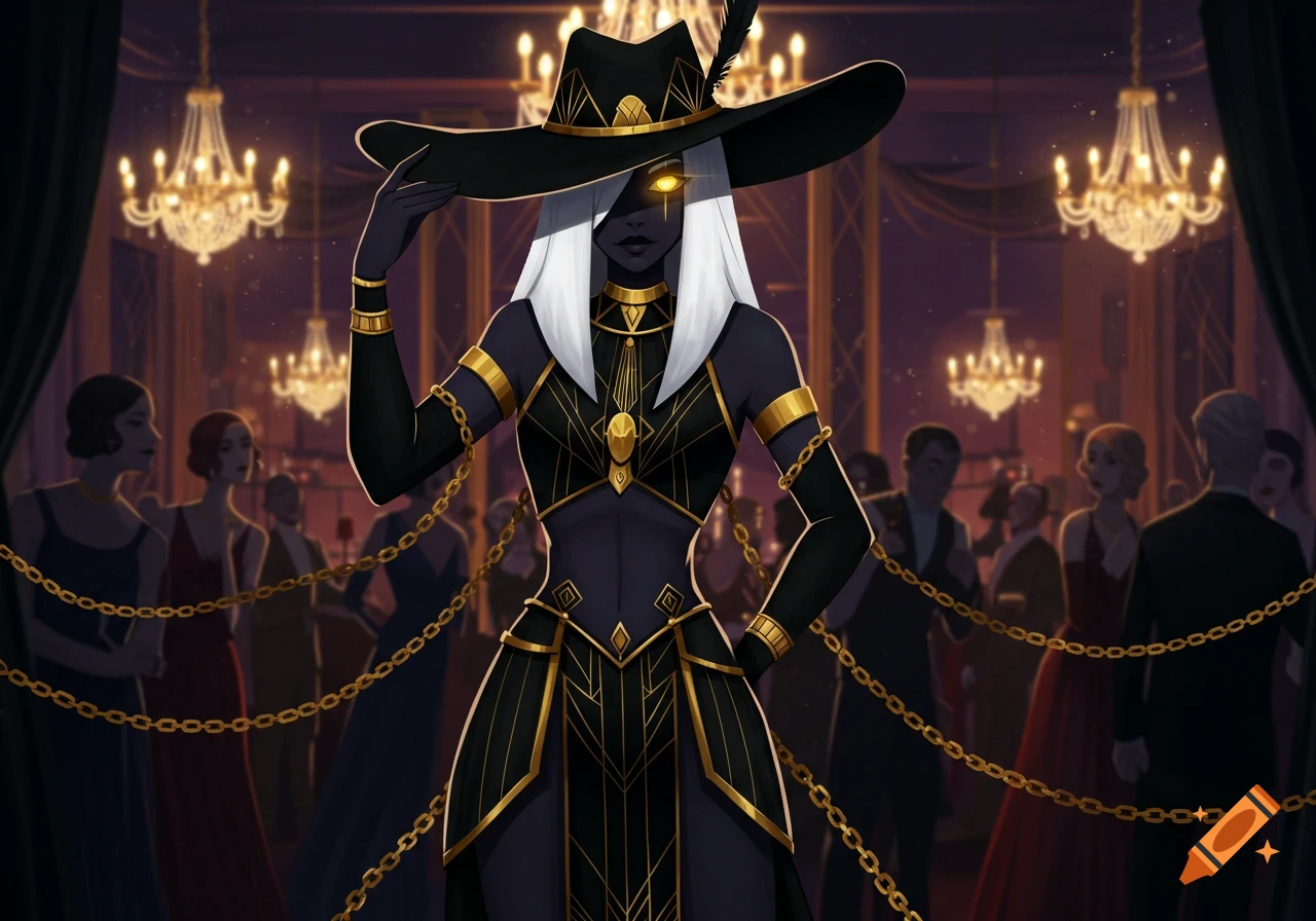A stylized woman with gray skin, white hair, and a glowing gold eye wears a black and gold art deco outfit and hat in a grand gala ballroom.