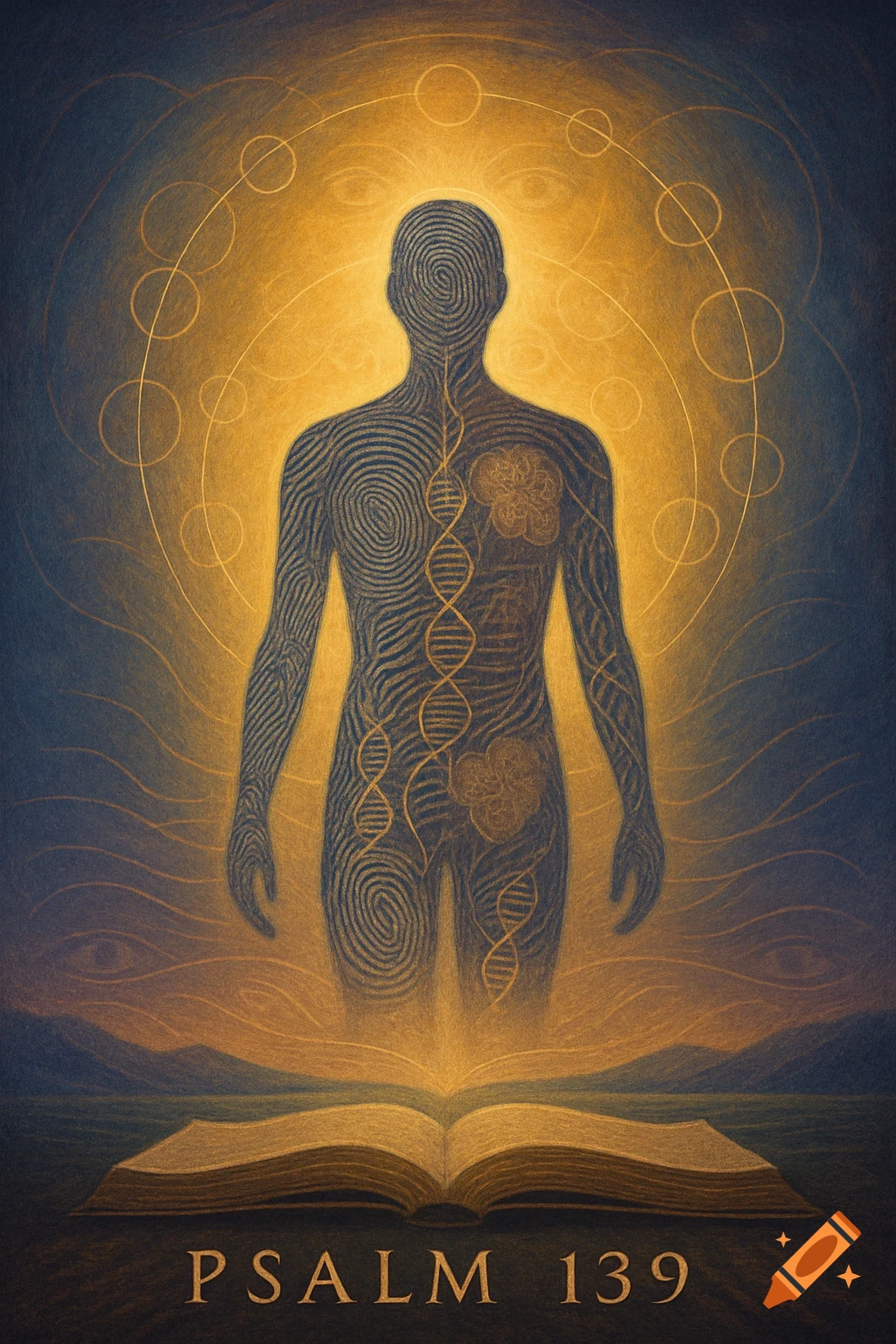 A spiritual art piece showing a human silhouette of fingerprints and DNA, glowing above a book with 'PSALM 139'.