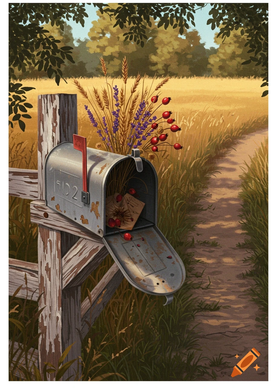 A rustic mailbox on a wooden post next to a dirt path, holding dried flowers and berries, with a golden field and trees in the background.