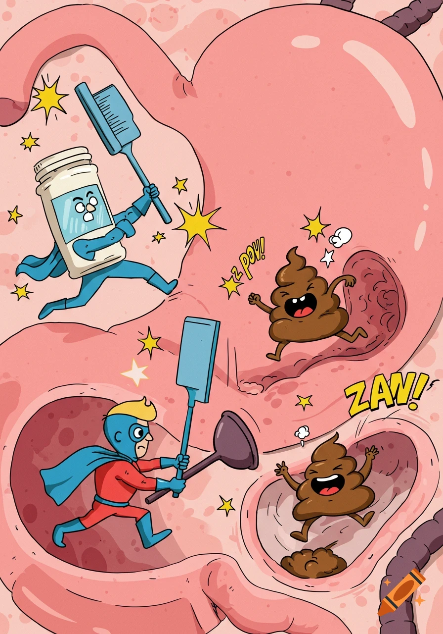 Cartoon inside a stomach where a pill bottle hero and a human hero fight animated poop characters with a toothbrush and a plunger, with comic sound effects.