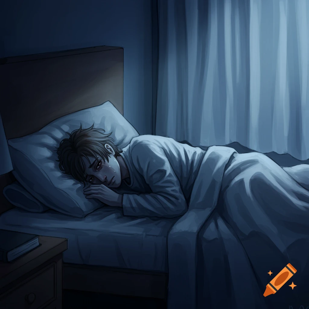 An illustration of a young, sad person lying in bed, crying in a dimly lit bedroom.