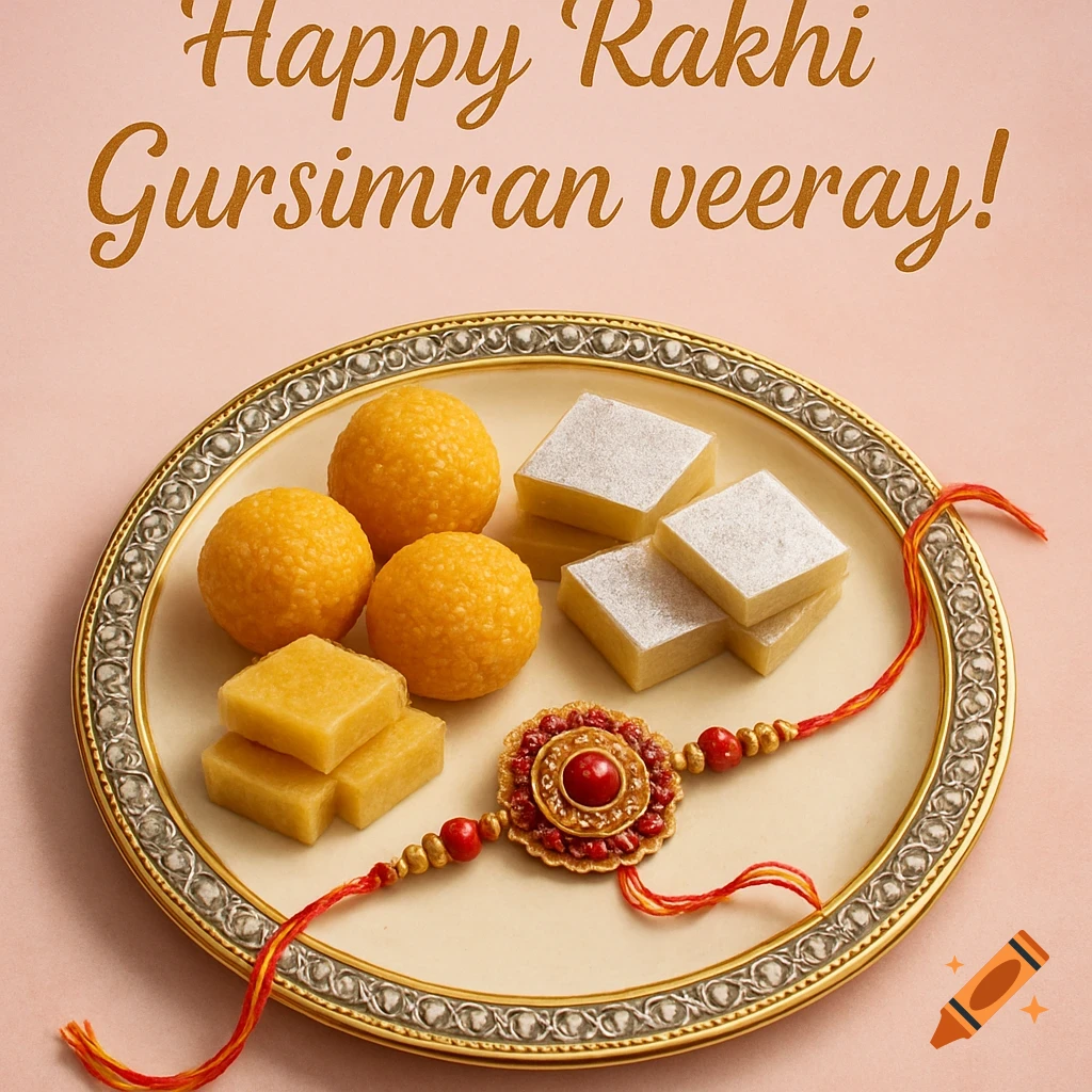 Photorealistic image of a gold-rimmed plate with a Rakhi, laddoos, and barfi, with 'Happy Rakhi Gursimran veeray!' text.