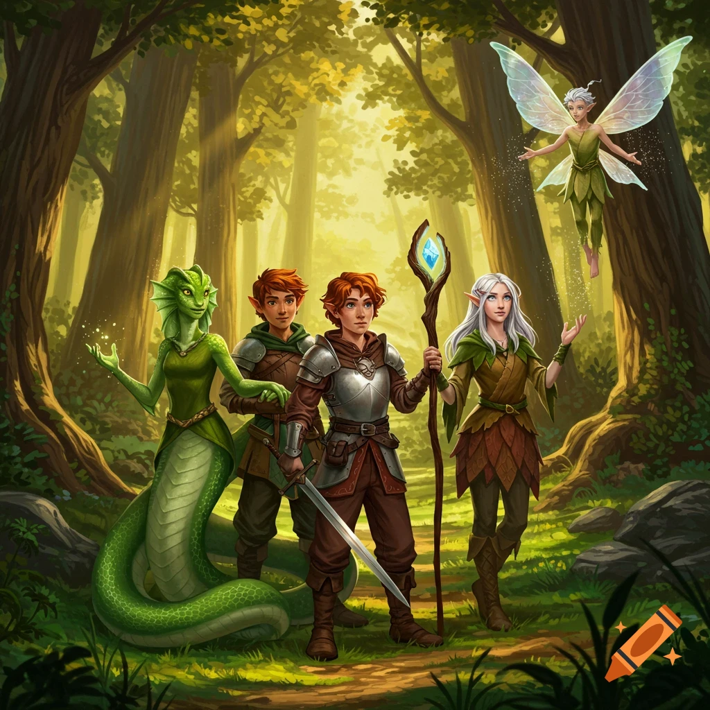 A fantasy adventuring party stands in a sunlit forest, featuring a female snake person, two red-haired humanoids, a white-haired elf, and a flying male fairy.