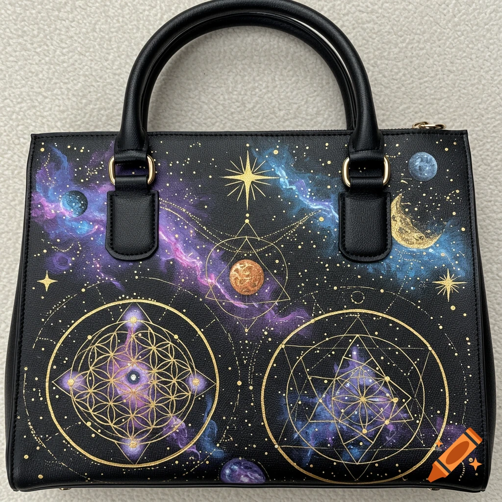 A black leather handbag featuring a hand-painted cosmic design with colorful nebulas, stars, planets, and metallic gold sacred geometry patterns like the Flower of Life and Metatron's Cube.