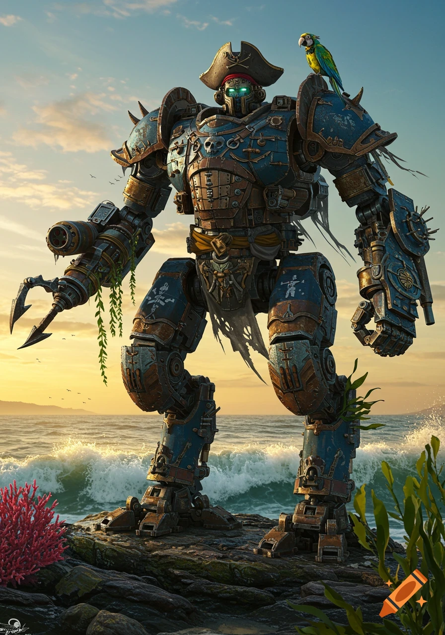 A large, detailed pirate-themed mech robot stands on a rocky coast at sunset, with a parrot on its shoulder and waves crashing in the background.