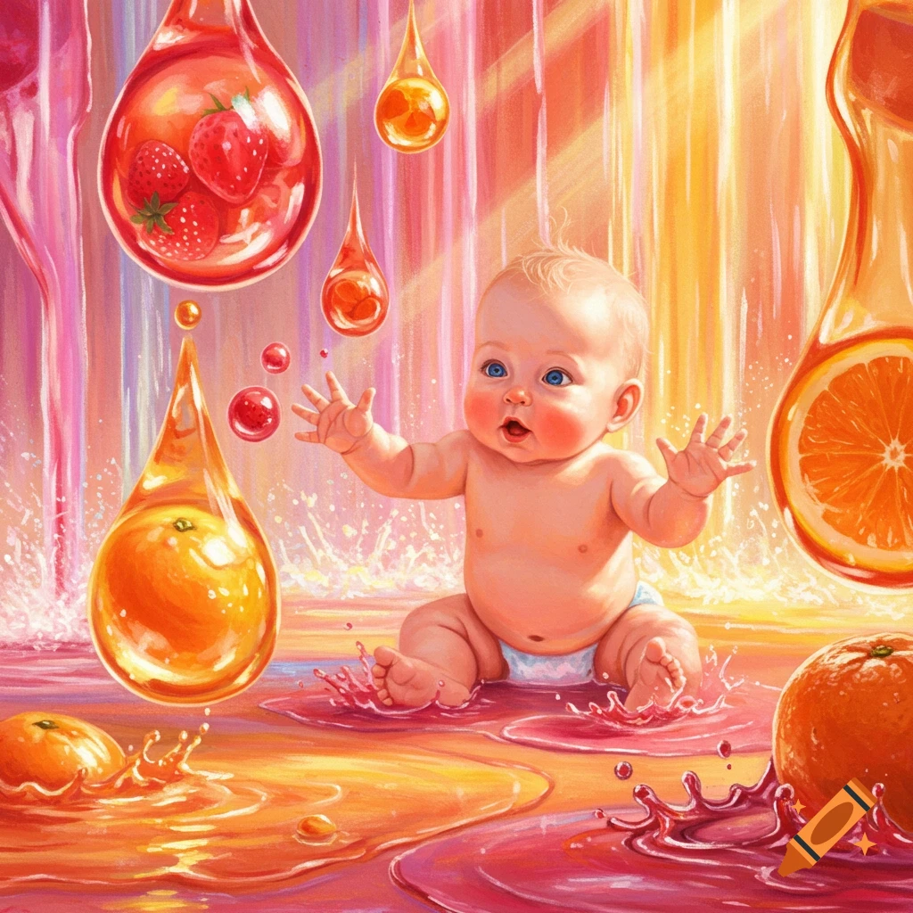 A cute baby plays in a colorful pool of fruit juice, reaching for large drops of strawberry and orange juice falling from above in a vibrant illustration.