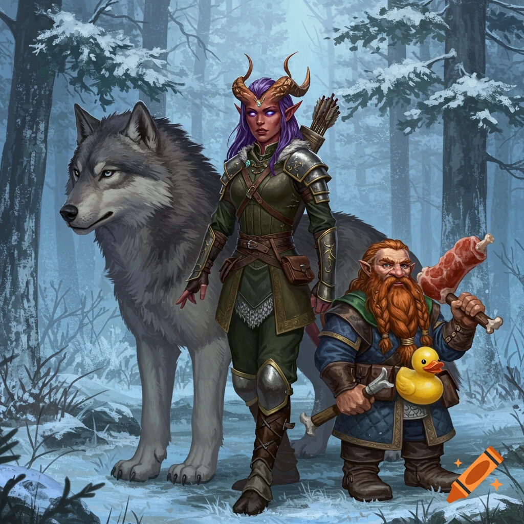 A realistic illustration of a tiefling ranger with a dire wolf and a dwarf cleric in a snowy forest.