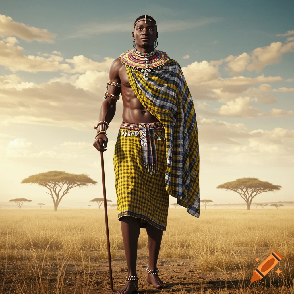 Muscular Maasai man in yellow, blue, and black traditional clothing holding a staff, standing in a savanna landscape.