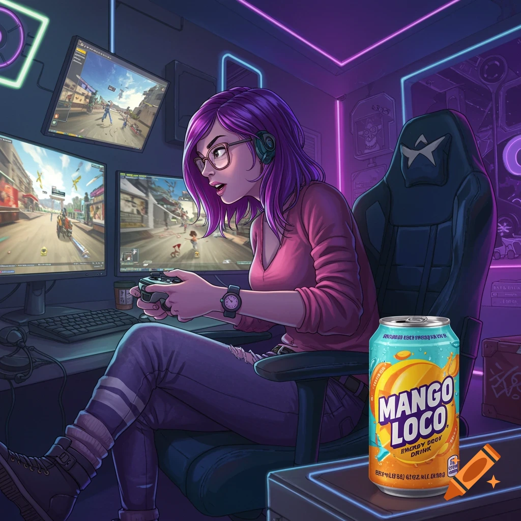 A purple-haired girl gamer plays video games on a multi-monitor setup in a neon-lit room, with a Mango Loco energy drink. Digital art.