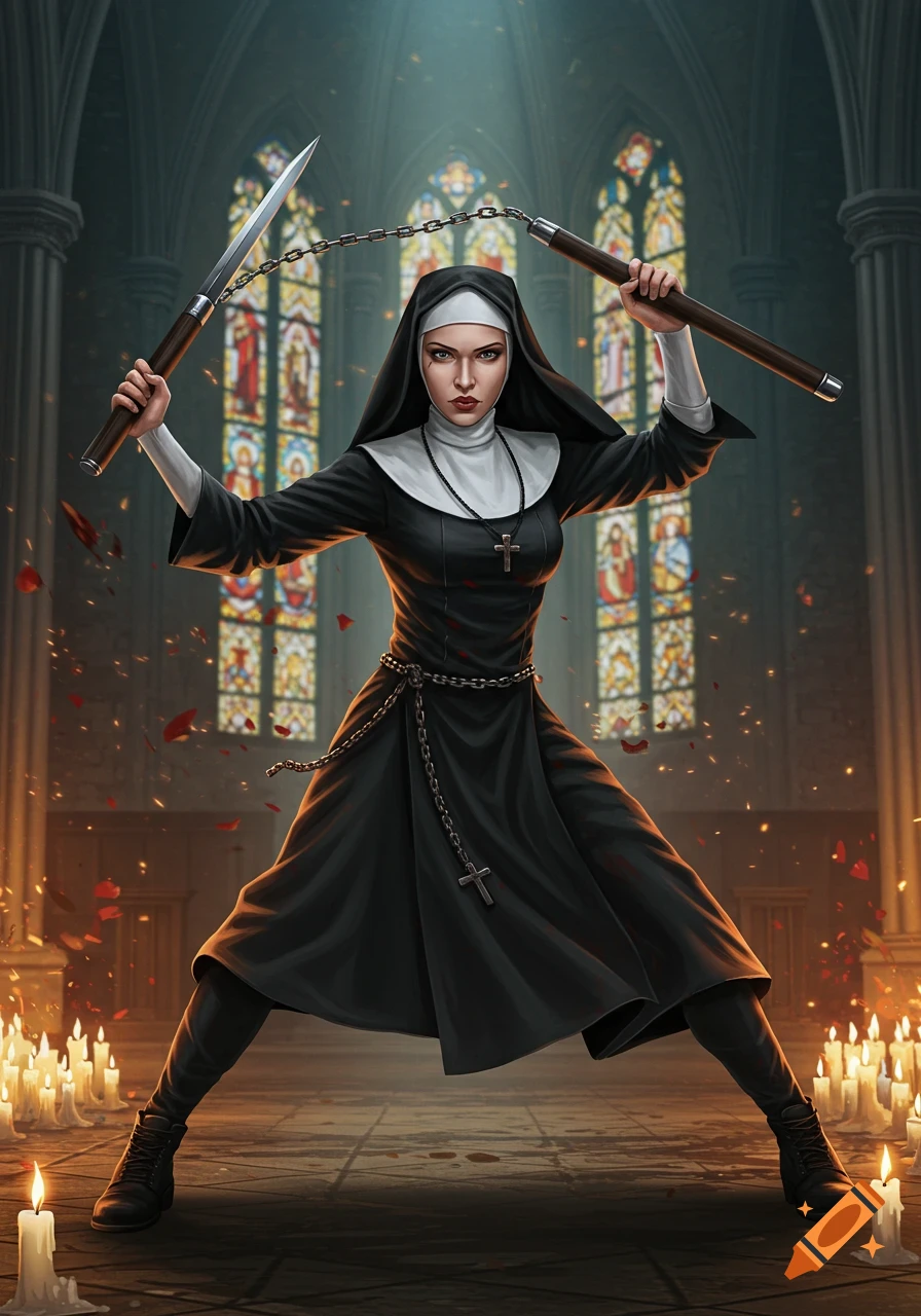 A determined nun in a black habit wields a nunchaku and a chained sword in a candlelit church with stained glass windows, in a dramatic, stylized illustration.
