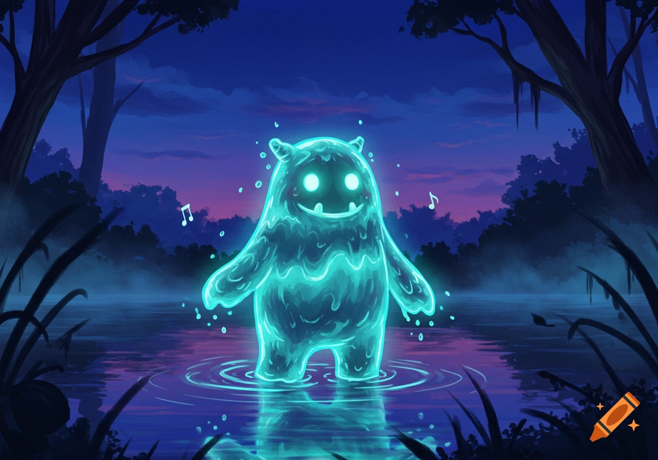 A glowing blue monster with large eyes stands in a dark swamp at twilight, with musical notes floating around it. Illustrated style.
