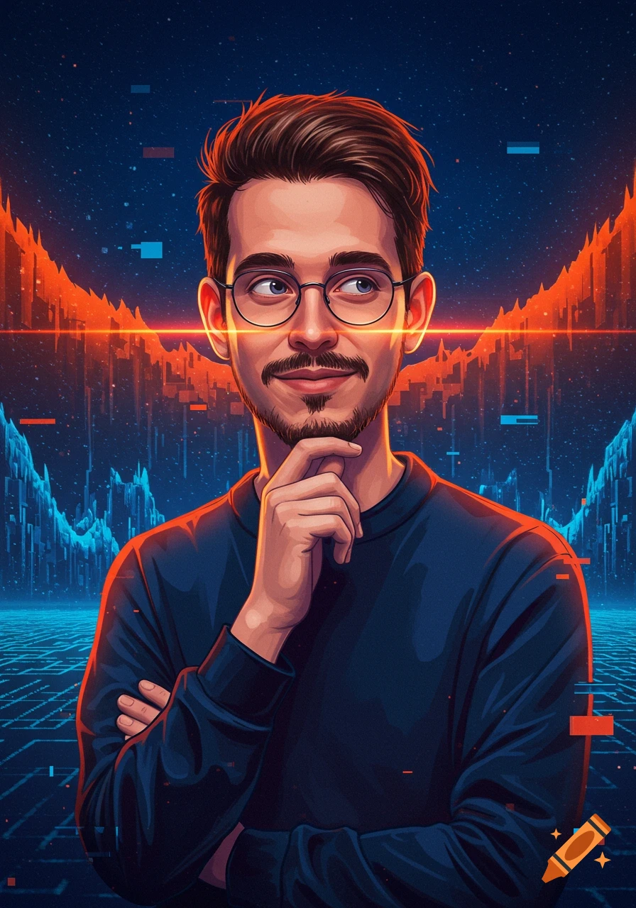 A stylized digital art portrait of a smiling man with glasses and a beard against a vibrant blue and orange futuristic, data-themed background.