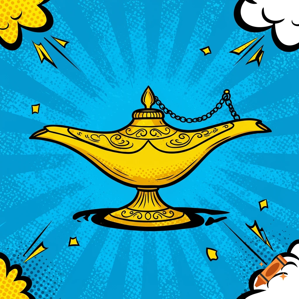 A golden Aladdin's lamp in a pop art style against a blue sunburst background with comic book clouds.