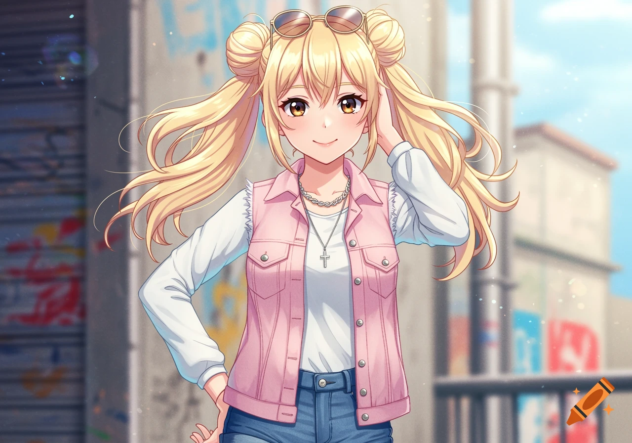 An anime girl with long blonde hair in two buns, wearing sunglasses on her head, a white shirt, pink denim vest, and denim shorts, standing outside.