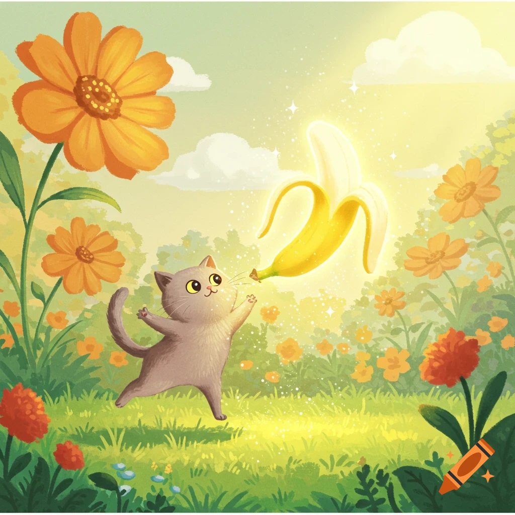 A cute cartoon cat reaches for a glowing, floating banana in a sunny meadow filled with orange and red flowers.