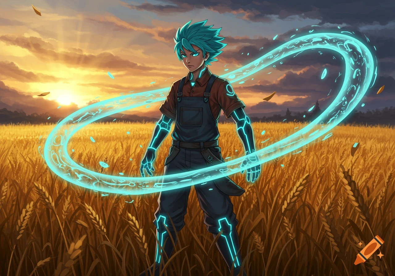 An anime boy with cyan hair and glowing blue aura stands in a golden wheat field at sunset.