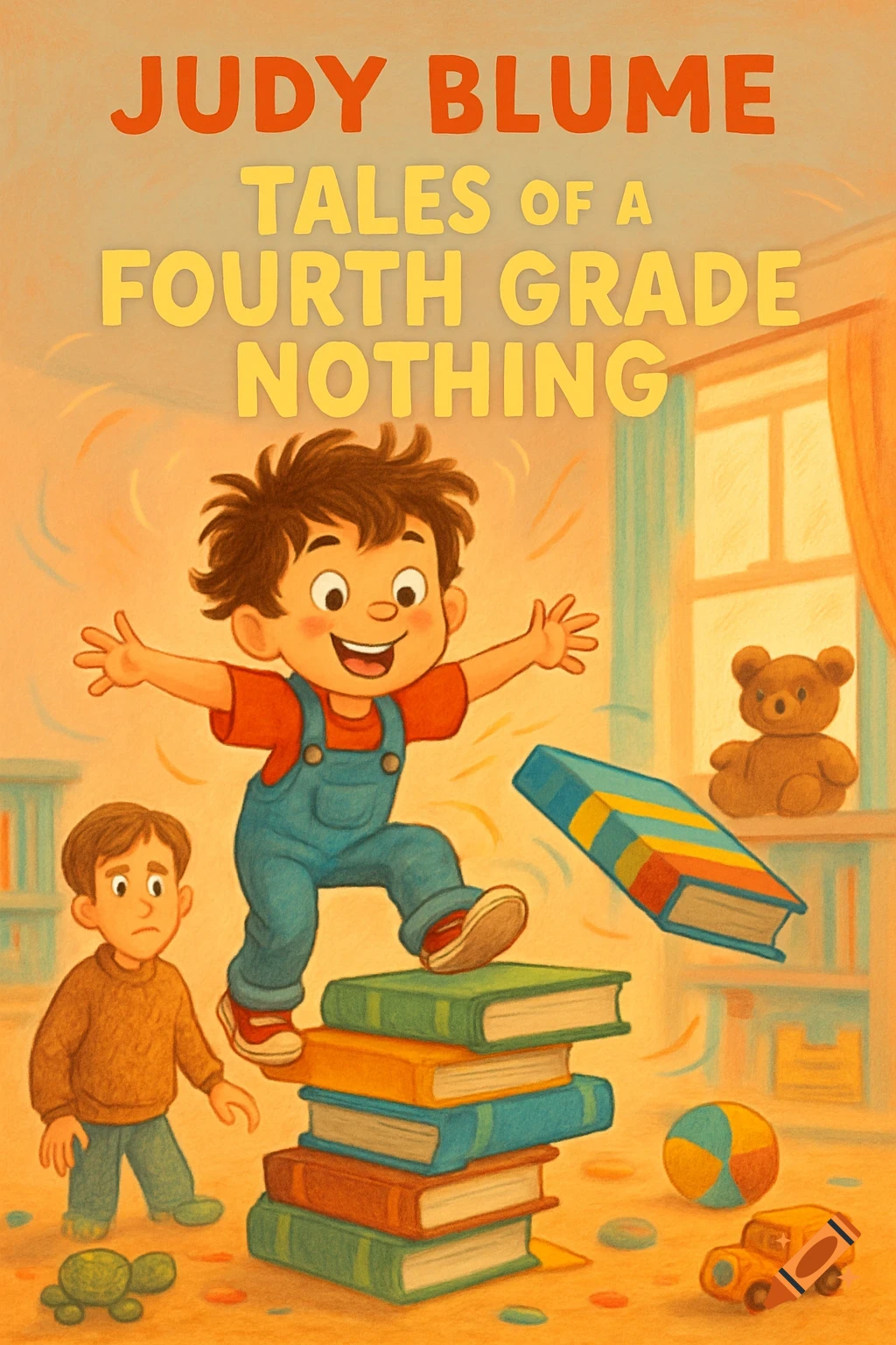 A colorful illustration depicting a young boy in overalls standing on a stack of books, with another boy looking on. The image is a book cover for "Judy Blume Tales of a Fourth Grade Nothing."