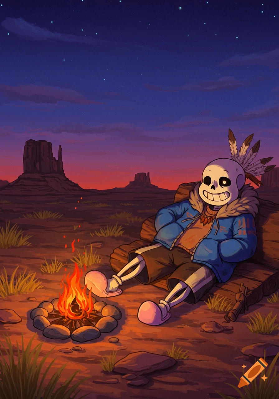 Sans from Undertale, wearing a feather headdress and blue jacket, sits by a campfire in a desert landscape at sunset.