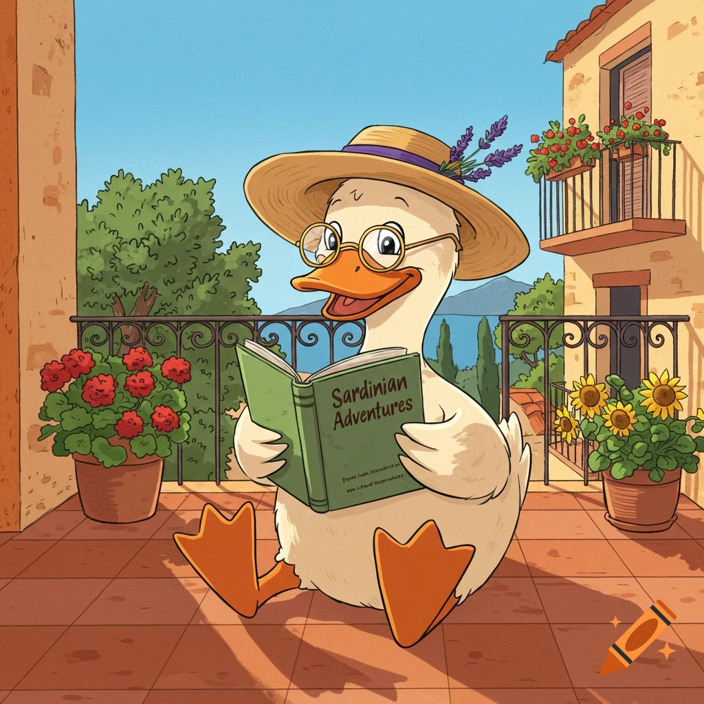 A cartoon duck with glasses and a straw hat sits on a sunny balcony reading a book titled 'Sardinian Adventures'.
