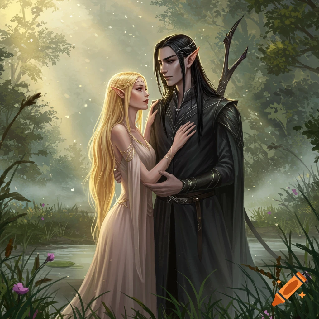 Two elves, a blonde woman and a dark-haired man, share a romantic moment in a magical, sunlit forest beside a pond.