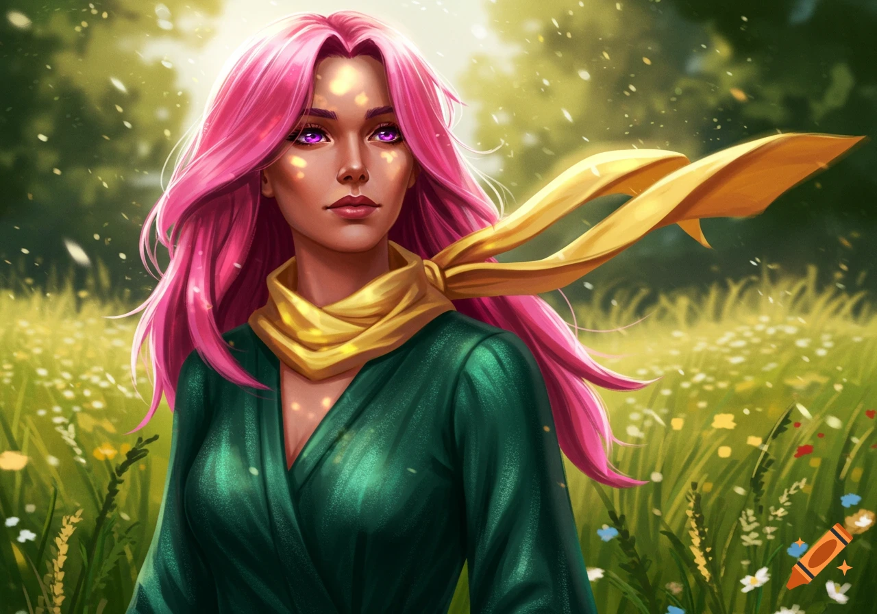 A digital painting of a woman with pink hair and purple eyes, wearing a green dress and yellow scarf, standing in a sunny, flower-filled meadow.