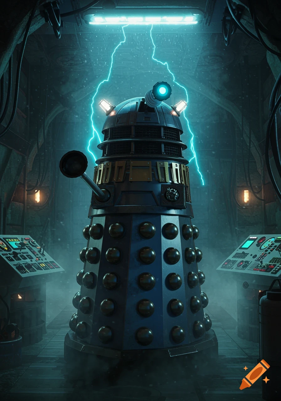 A dark blue Dalek stands in a misty, futuristic control room with crackling blue lightning overhead.